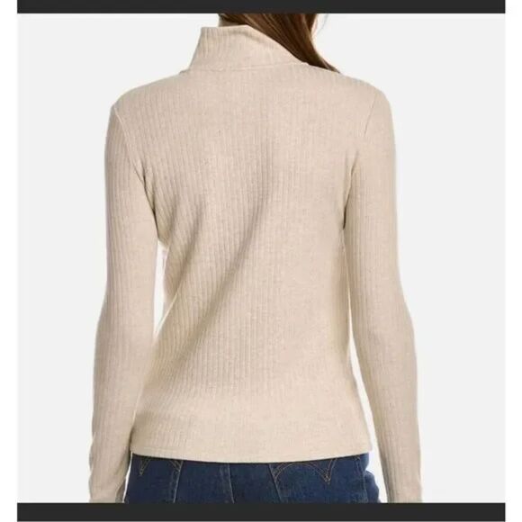 VINCE Women's Beige Cream Ribbed Knit 1/4 Zip Mock Neck Sweater Top Size Large - Picture 2 of 9